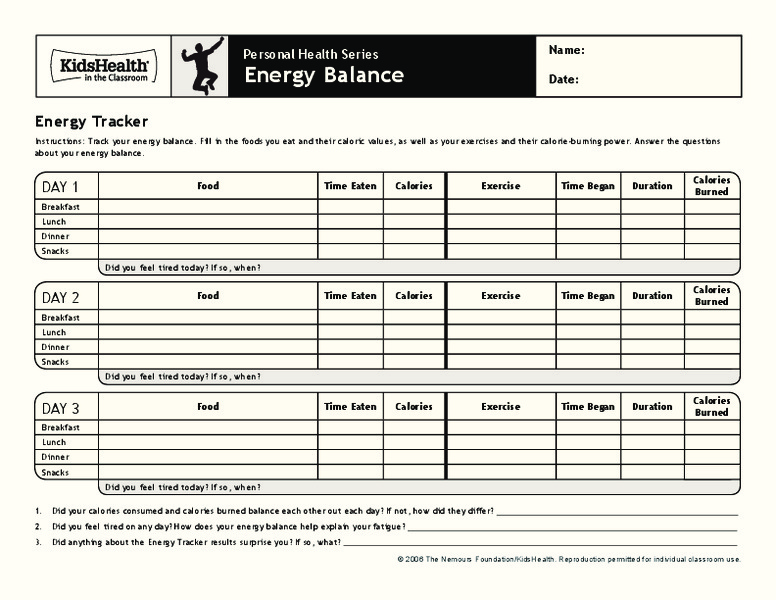 Personal Health SeriesEnergy Balance Worksheet for 6th 9th Grade