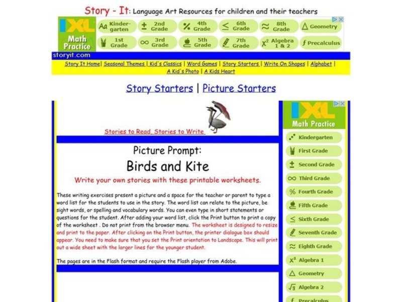 Picture Prompt Birds And Kite Worksheet for 3rd 5th Grade Lesson