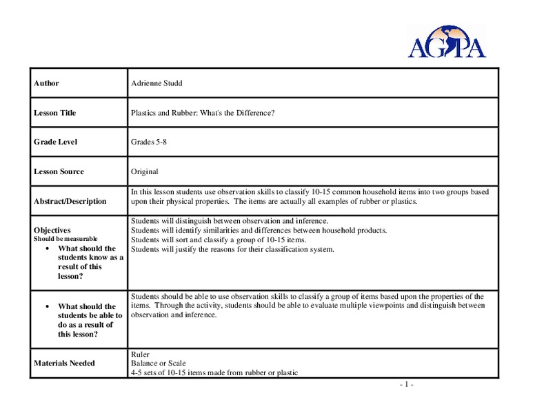 Plastics and Rubber What's the Difference? Lesson Plan for 7th 12th