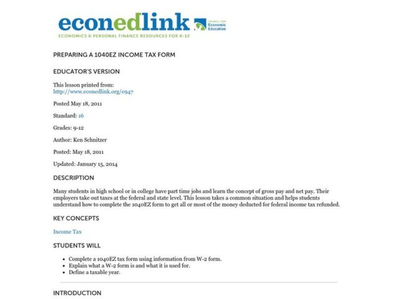 Preparing a 1040EZ Tax Form Lesson Plan for 11th 12th Grade