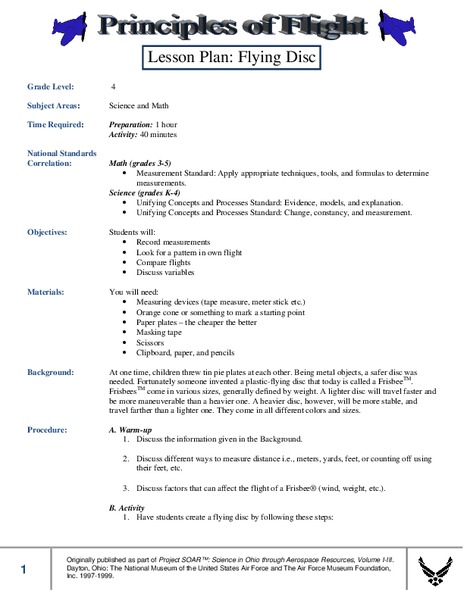 Principles Of Flight Lesson Plan For 4th Grade Lesson Planet