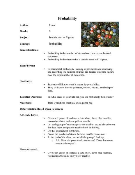 Probability Lesson Plan for 9th Grade | Lesson Planet