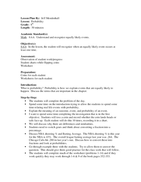 Probability Lesson Plan for 8th Grade | Lesson Planet