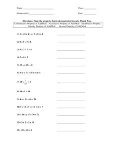 Properties of Addition and Multiplication Worksheet for 6th - 8th Grade ...