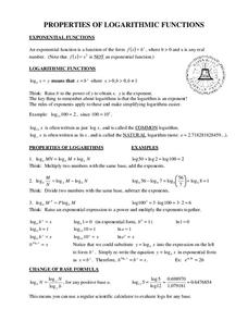 Properties of Logarithmic Functions Handout for 9th - 12th Grade ...