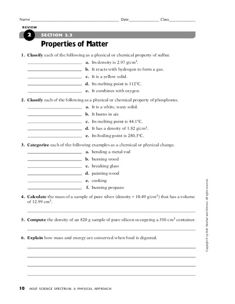 Properties Of Matter Worksheets