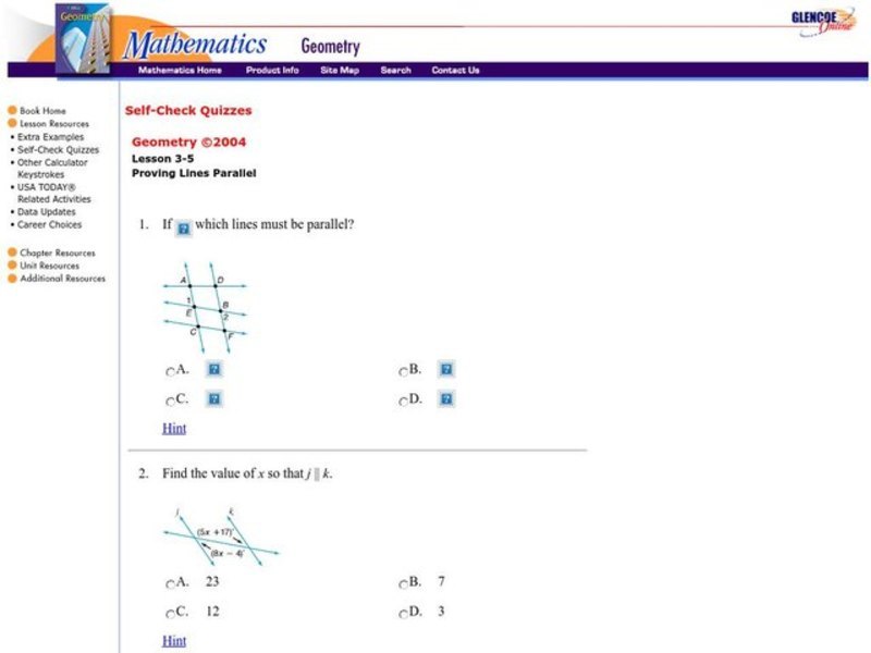 Proving Lines Parallel 9th 12th Grade Worksheet Lesson Planet
