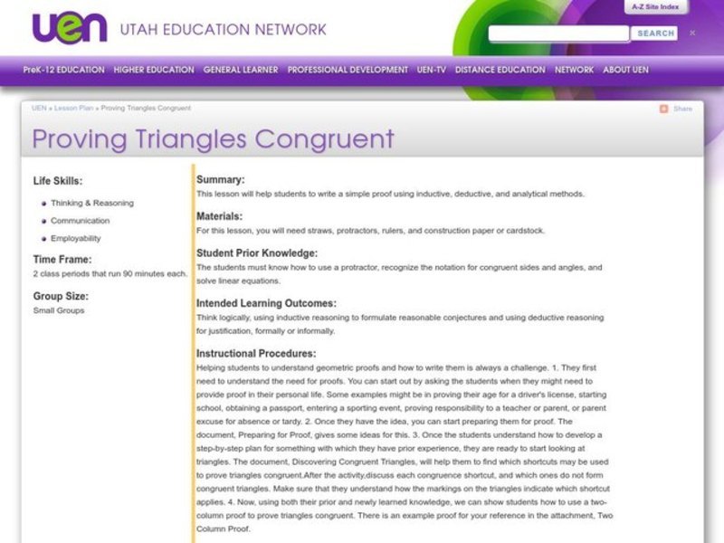 Proving Triangles Congruent Lesson Plan for 10th 12th Grade Lesson