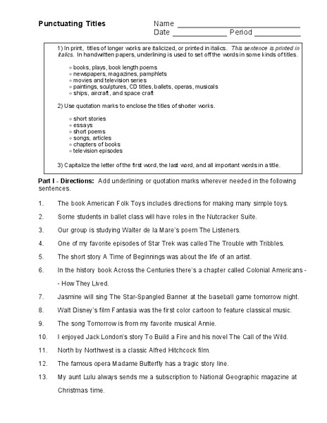 Punctuating Titles Worksheet For 3rd 8th Grade Lesson Planet