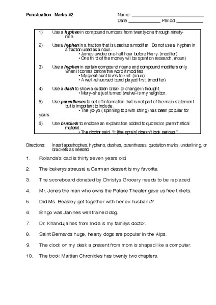 punctuation marks 2 worksheet for 7th 8th grade