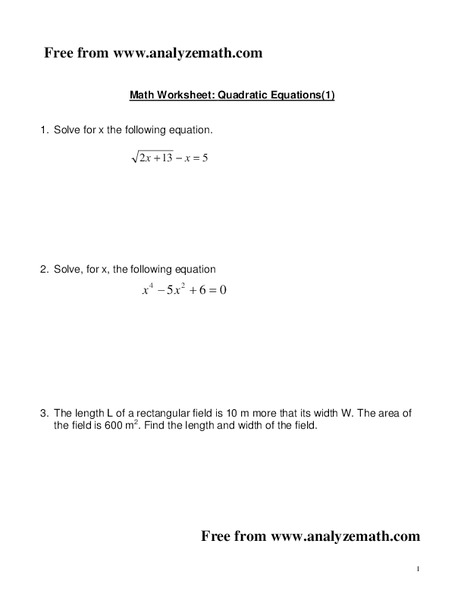 Quadratic Equations Worksheet for 9th - 11th Grade | Lesson Planet
