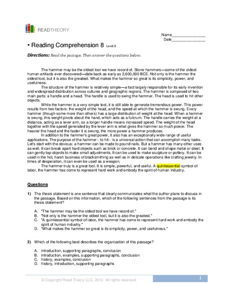 reading comprehension 8 worksheet for 8th 9th grade lesson planet