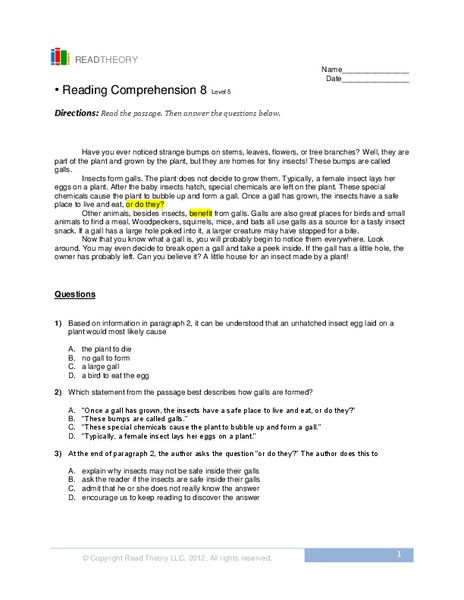 reading comprehension 8 worksheet for 7th 8th grade lesson planet