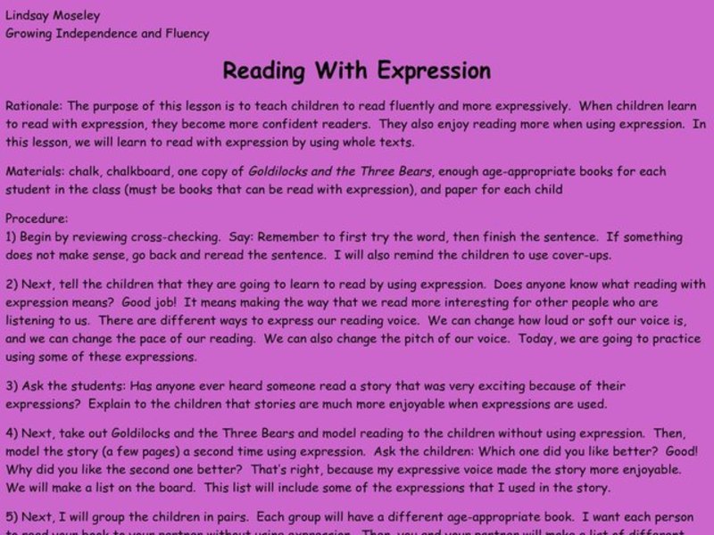 Reading With Expression Lesson Plan for 1st 3rd Grade Lesson