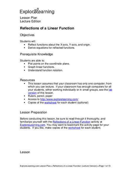 Reflections of a Linear Function Lesson Plan for 9th - 10th Grade ...