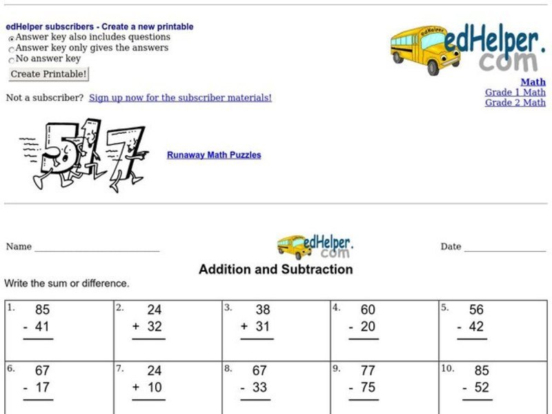 Addition and Subtraction 5 Worksheet for 1st - 2nd Grade | Lesson Planet