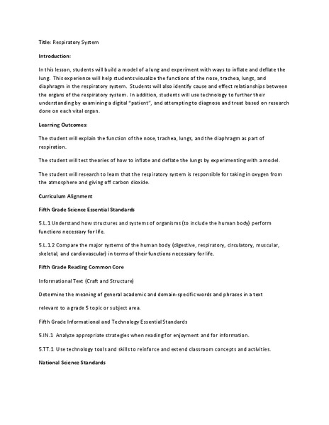 Respiratory System Lesson Plan for 5th Grade | Lesson Planet