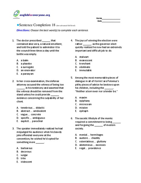 Sentence Completion 18 Worksheet For 7th 10th Grade Lesson Planet