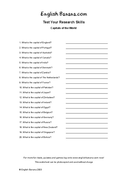 capitals of the world worksheet for 8th 10th grade lesson planet