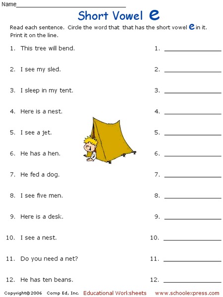 short vowel e worksheet for kindergarten 1st grade