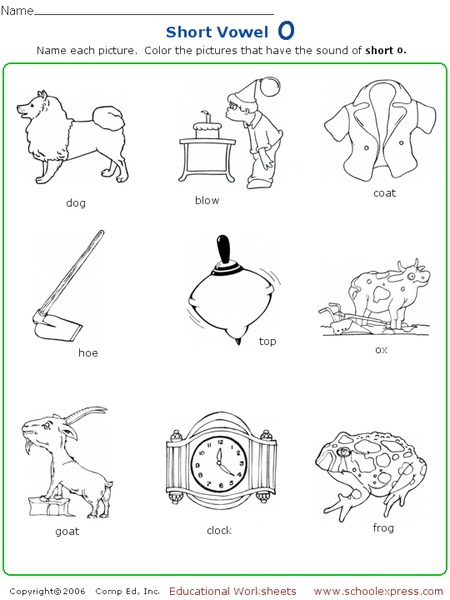 short vowel o color the pictures worksheet for kindergarten 1st