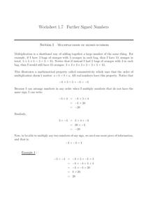 Signed Numbers Worksheet for 6th - 7th Grade | Lesson Planet