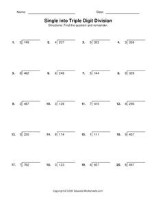 single into triple digit division worksheet for 3rd 4th