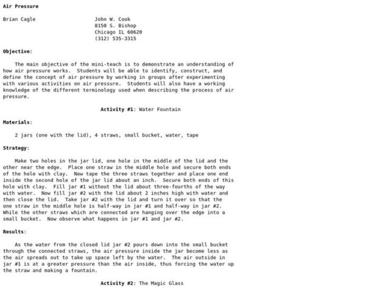 Air Pressure Lesson Plan for 3rd 4th Grade Lesson