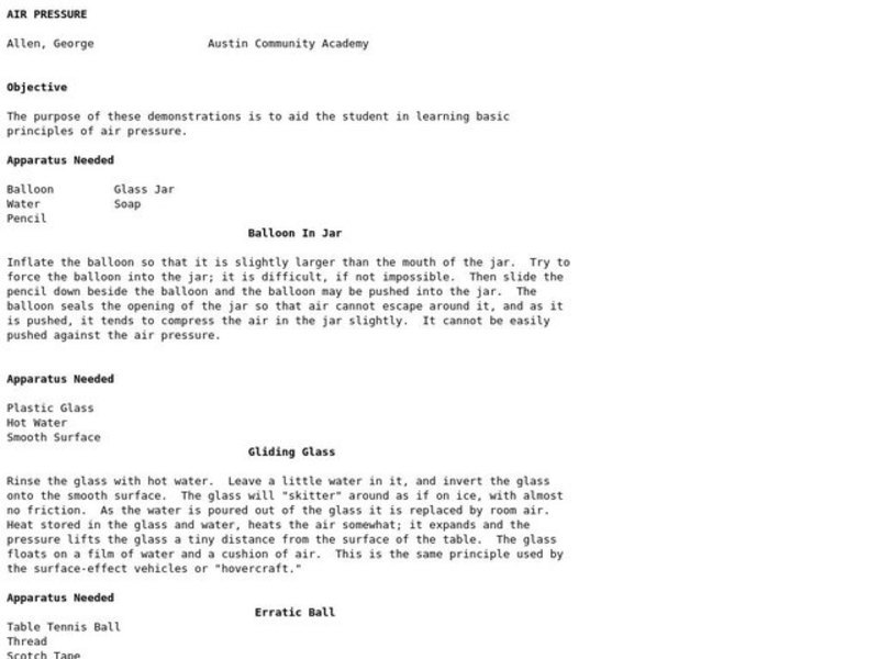 Air Pressure Lesson Plan for 5th 10th Grade Lesson