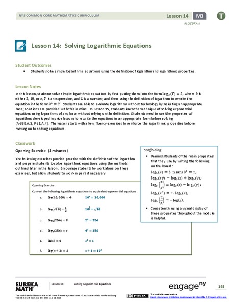 Solving Logarithmic Equations Lesson Plan for 10th - 12th Grade ...