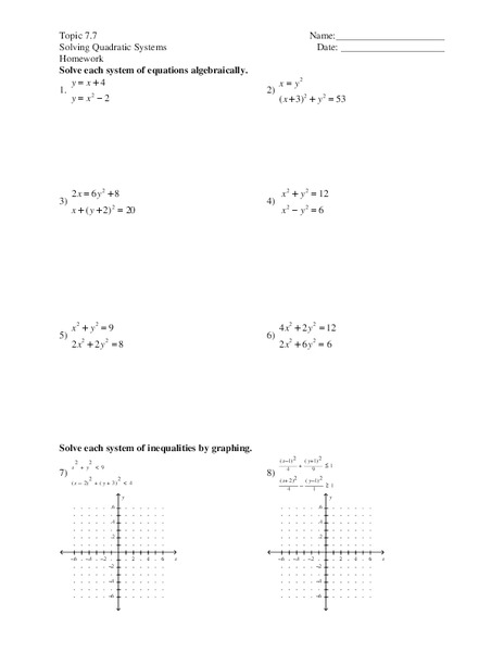 Solving Quadratic Systems Worksheet for 11th Grade | Lesson Planet