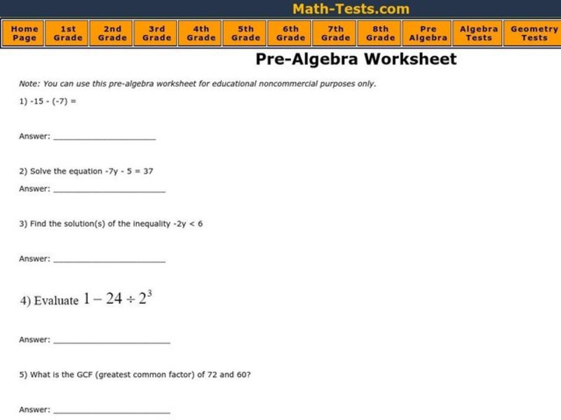 Algebraic Equations Worksheet for 7th 8th Grade Lesson
