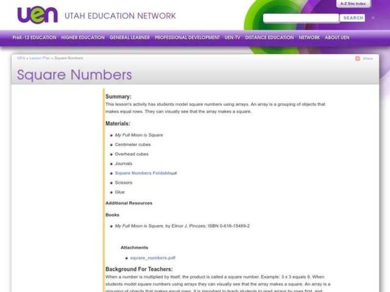 Square Numbers Lesson Plan for 4th Grade Lesson