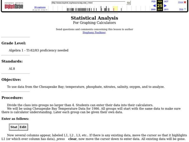Statistical Analysis For Graphing Calculators Lesson Plan for 9th