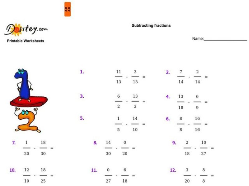 subtracting fractions worksheet for 4th 6th grade lesson planet