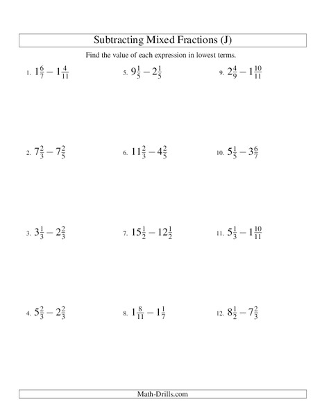 subtracting mixed numbers 10 worksheet for 4th 6th grade lesson