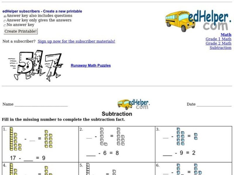 subtraction worksheet for 1st 2nd grade lesson planet
