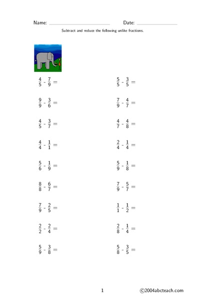 Subtraction of Unlike Fractions Worksheet for 4th - 5th Grade | Lesson