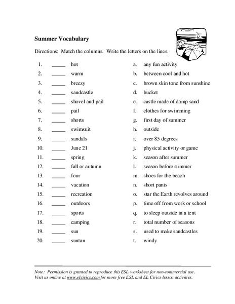 summer vocabulary worksheet for 3rd 5th grade lesson planet