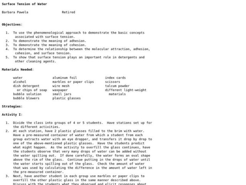 Surface Tension of Water Lesson Plan for 8th 10th Grade Lesson