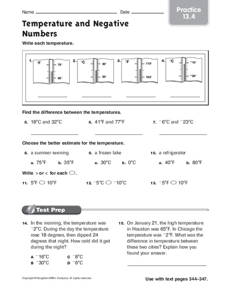 Temperature and Negative Numbers Worksheet for 3rd - 5th Grade | Lesson ...