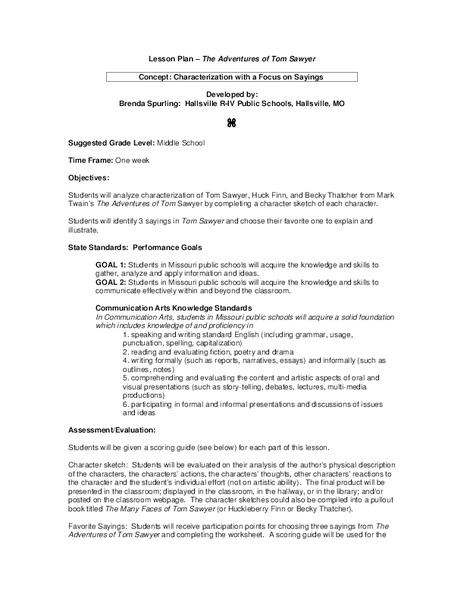 The Adventures Of Tom Sawyer Lesson Plan For Th Th Grade The Adventures Of Tom Sawyer Lesson Plan Essay Term Paper also English Literature Essays Sample Essay English