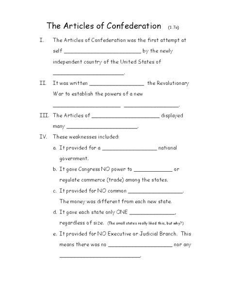 Articles Of Confederation Worksheet