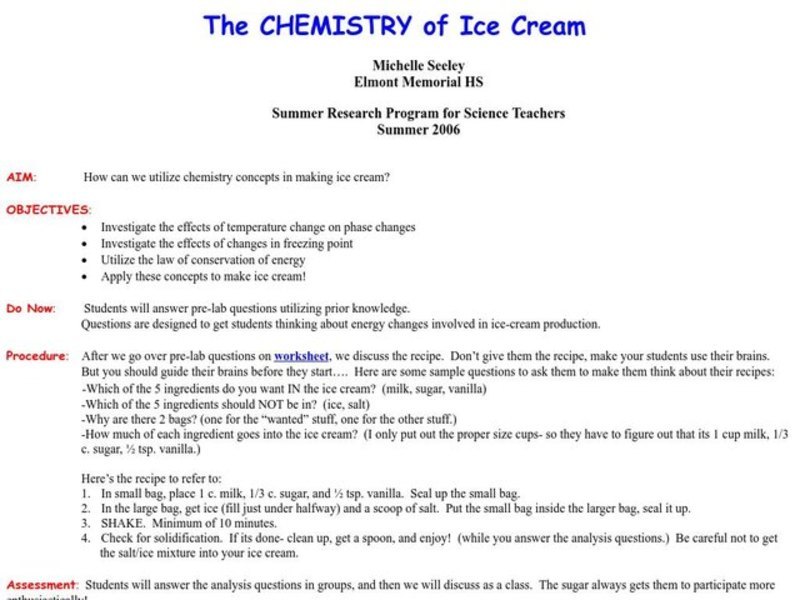 The Chemistry of Ice Cream Lesson Plan for 9th 12th Grade Lesson