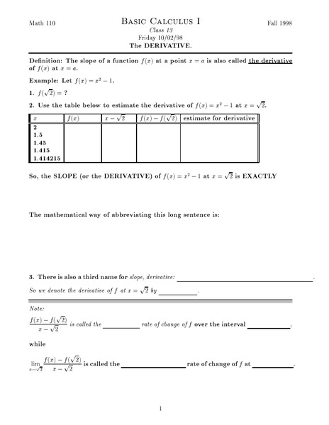 The Derivative Worksheet for Higher Ed | Lesson Planet
