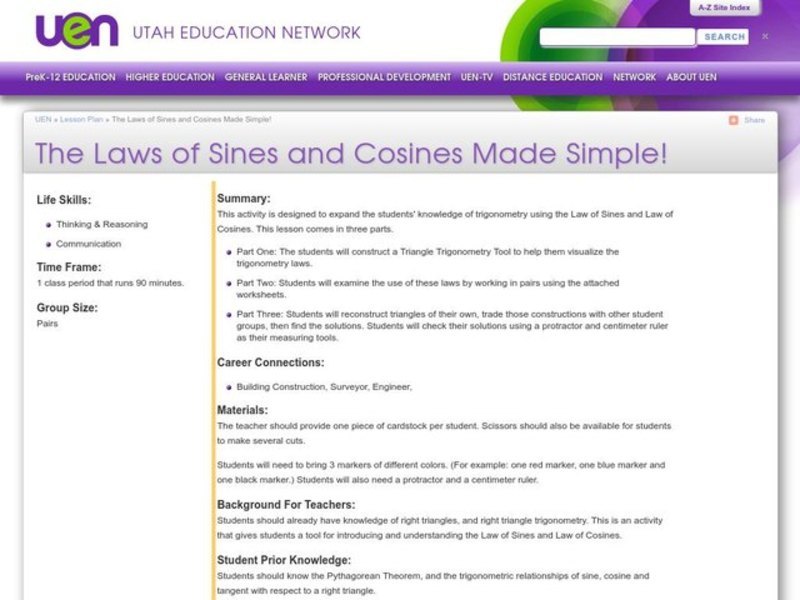 The Laws of Sines and Cosines Made Simple! Lesson Plan for 10th - 12th