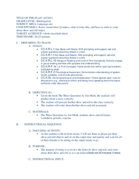 The Letter Q Kindergarten Lesson Plan The Letter Q Kindergarten Lesson Plan