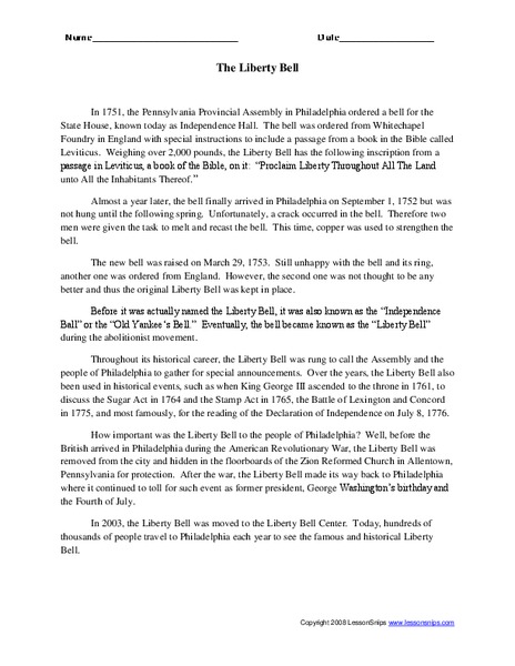 The Liberty Bell Worksheet for 3rd - 6th Grade | Lesson Planet