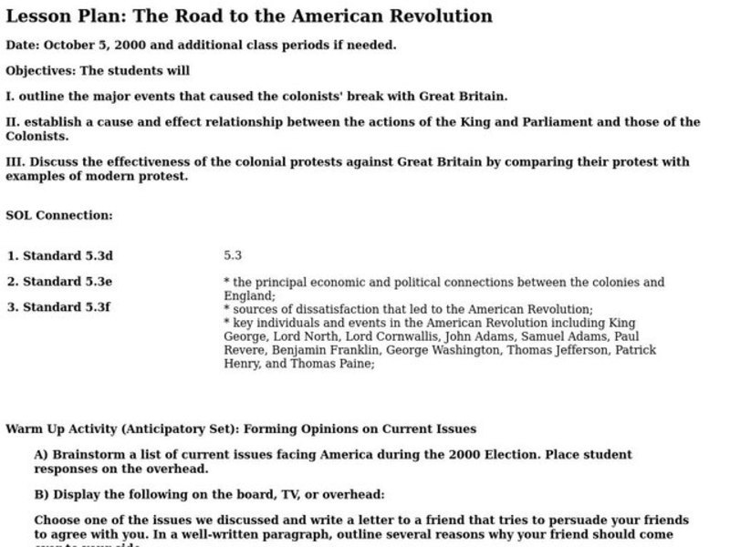The Road to the American Revolution Lesson Plan for 8th - 12th Grade ...