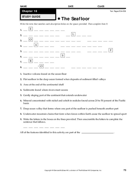 The Seafloor Worksheet For 9th 12th Grade Lesson Planet